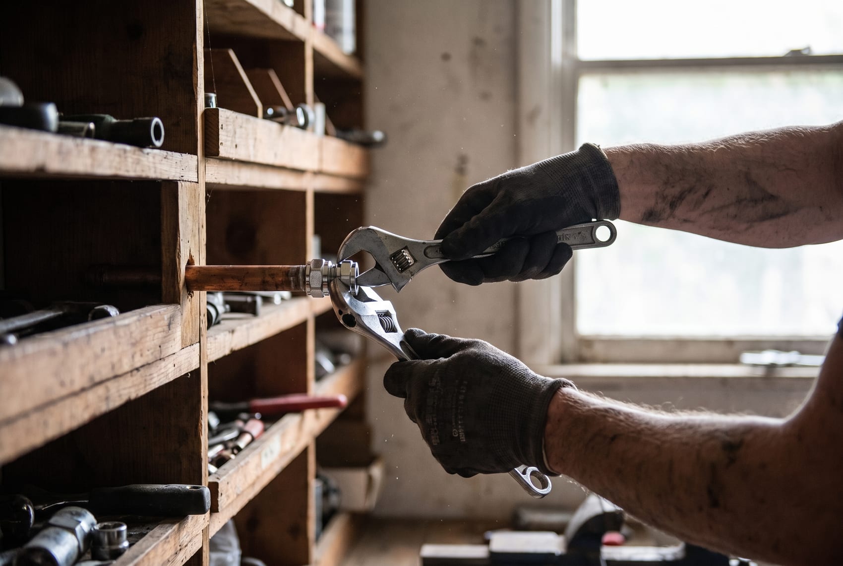 A plumber fitting a copper pipe by hand