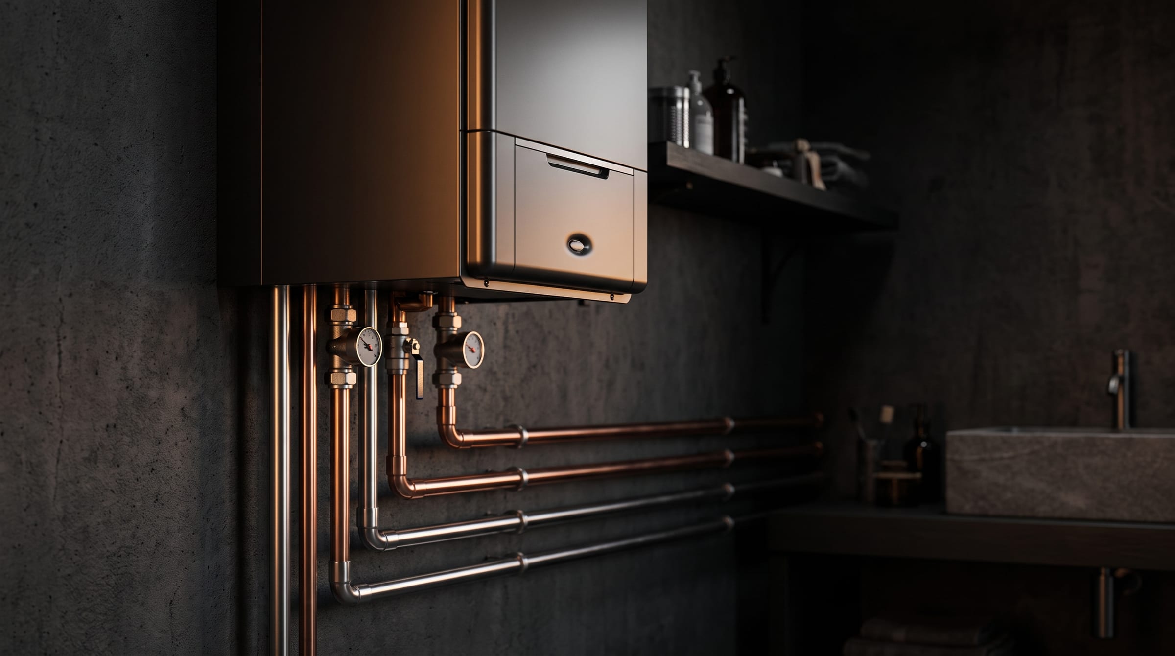 Pressure-tested copper pipework and a boiler fitted by {{BUSINESS_NAME}}